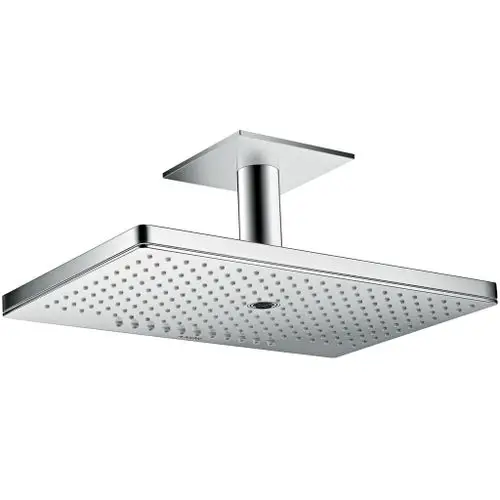Duschkopf von AXOR mit einer quadratischen Form, ausgestattet mit einer Deckenmontage und mehreren Düsen für Wasserstrahloptionen. Edelstahl-Optik mit perforierter Oberfläche.